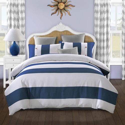 100% Cotton 300 Thread Count Coastal Stripe Breathable Duvet Cover Set - Picture 2 of 5