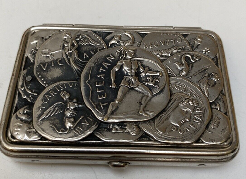 Antique 1904 Vesta Case Box Spring load NY Havana Cigar John Zeisler Roman Coin - Picture 2 of 5