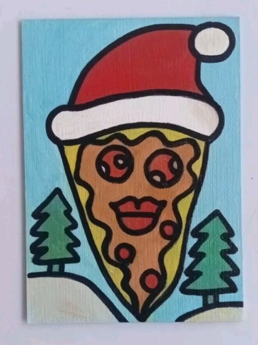 ACEO Christmas Pizza Santa Claus Original Oil Painting Oxana Diaz 2.5" x 3.5" - Picture 2 of 8