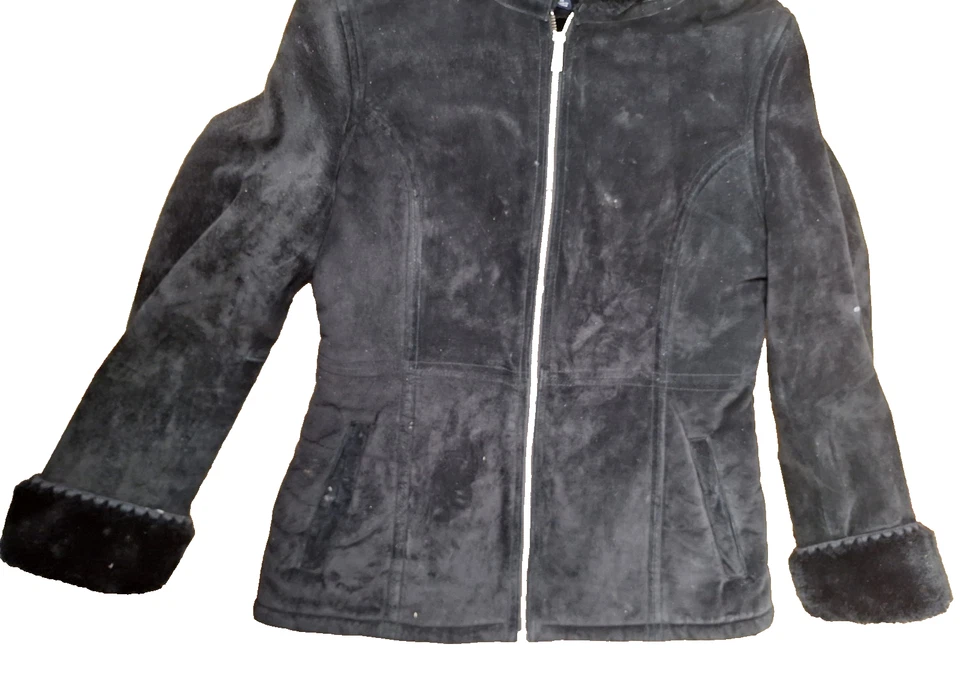 Sonoma 100% Leather Suede Coat Black Womens MEDIUM Hooded Faux Fur Trim Lined - Image 2 of 4