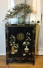 Vintage 37” Chinese Hand Panted & Carved Jade Inlay Black Lacquer Wood Cabinet