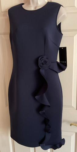 NERO By Jatin Varma Ruffled Sheath Cocktail Dress Sz 6 Sleeveless Navy NWT-$550 - Picture 2 of 7