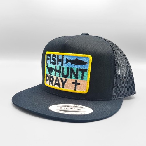 Fish Hunt Pray Trucker Hat, Christian Patch on all Black Yupoong 6006 Snapback - Picture 5 of 10