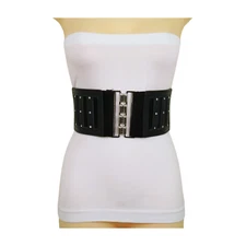 Women Black Elastic Hip High Waist Wide Fashion Belt Bling Silver Buckle Fit S M
