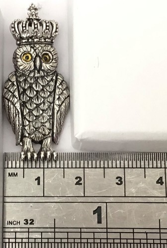 Victorian style Sterling Silver Royal Owl Bird with Kings Crown Brooch Lapel Pin - Picture 8 of 13