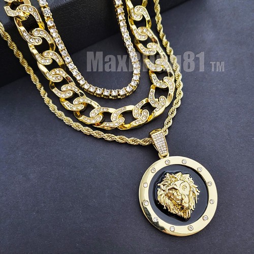 Gold Plated Alloy Cubic Zirconia Lion Head Charm & 18" Iced Cuban & Tennis chain - Picture 1 of 8