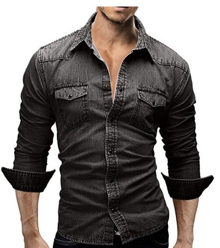 Camicie uomo denim manica lunga jeans cotone lavato slim fit camicie multicolore top - Foto 23 di 25