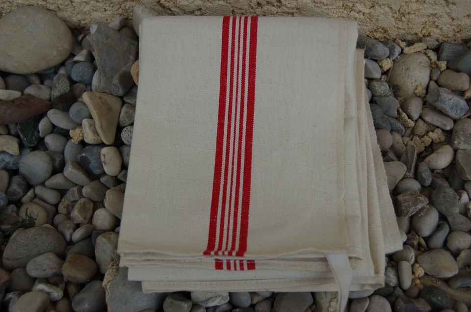 ancien torchon en toile metis lin ecrue et rayures rouges - vaiselle ---//CI// - Photo 2/2