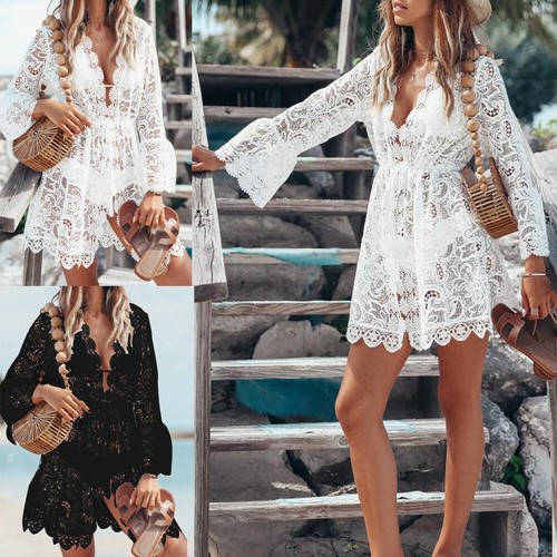 Lace Bathing Suit Cover Up Summer Dress, Beach Boho Summer Lace Cotton Dress - Picture 6 of 11