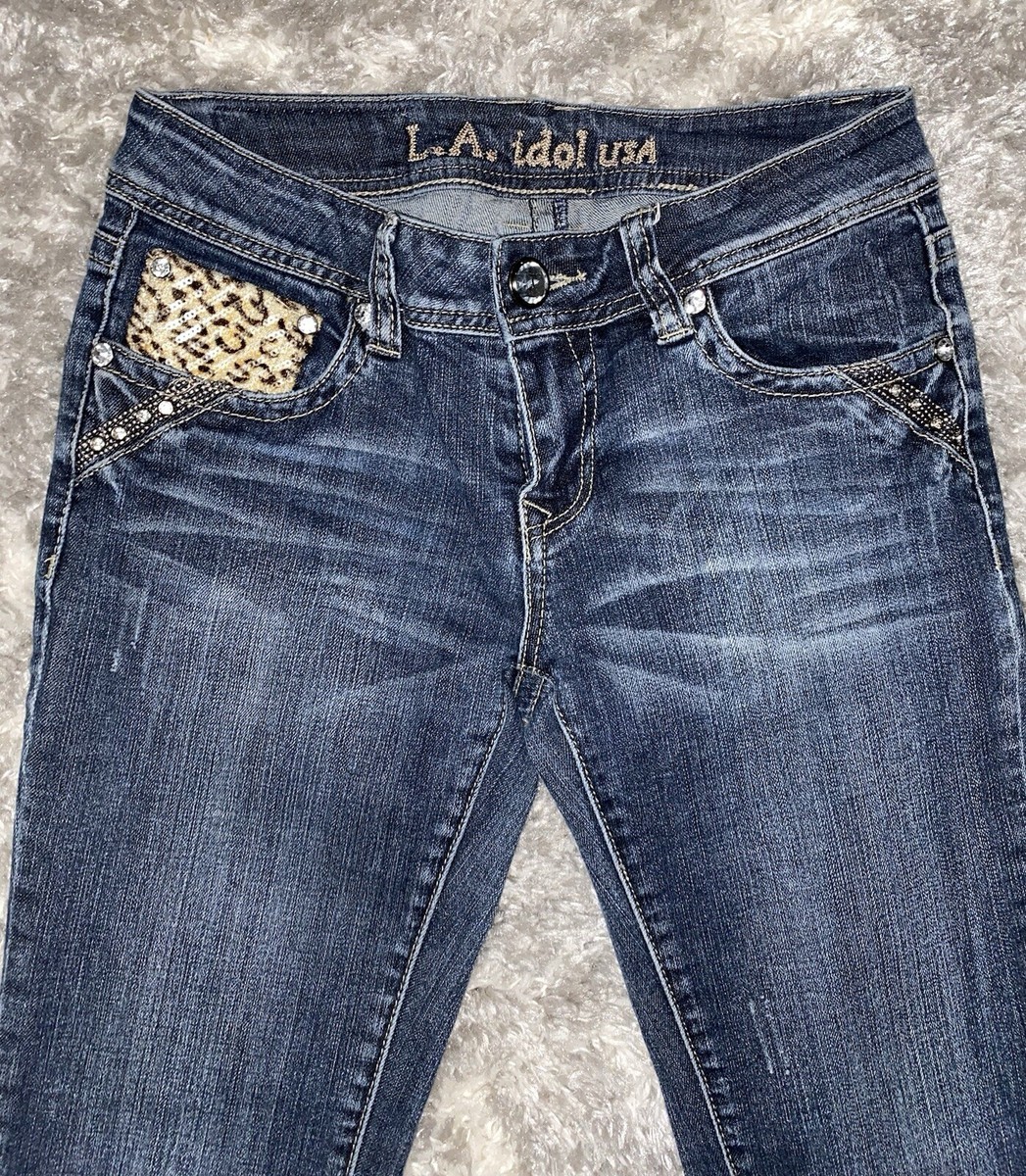 L.A.Idol USA Embellished 5 pocket Dark Denim Jeans Leopard