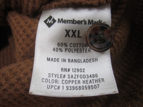 Member Mark Camicia Uomo XXL 2XL Marrone Manica Lunga 1/4 Bottone Casual Morbida Termica - Foto 4 di 8