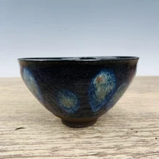 4.9" Antique Song dynasty Porcelain jian kiln marked Black glaze Fambe Tea Bowl
