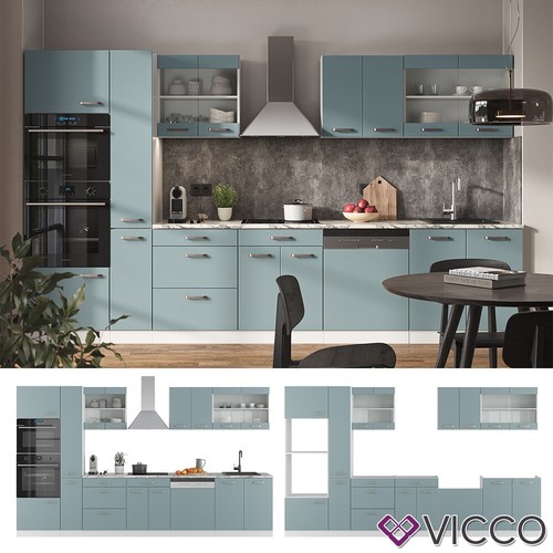 Küchenzeile R-Line Solid Weiß Blau Grau 350 cm modern Küchenschränke Vicco - Bild 8 von 8