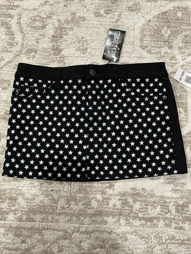 Royal Bones Hot Topic Black White Stars Denim Mini Skirt Medium Stretch NWT - Picture 1 of 7