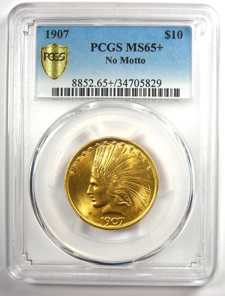 1907 Индийский золотой орел $10 без девиза монета - PCGS MS65 + плюс класса - $18500 значение - Изображение 2 из 4