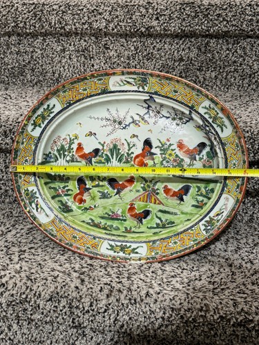 LARGE Antique 19th c Chinese Canton Famille Rose Rooster Cabbage Plate 16'' - Picture 10 of 10