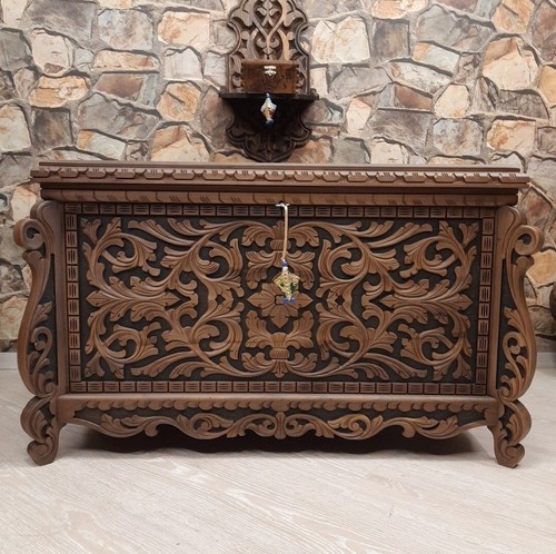 Hand Carved Walnut Wood Trunk Table, Turkish Traditional Blanket Bride Chest - Picture 10 of 10