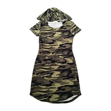 Derek Heart Womens Preppy Green Camo Print Hooded Dress Size S Stretch Fitted