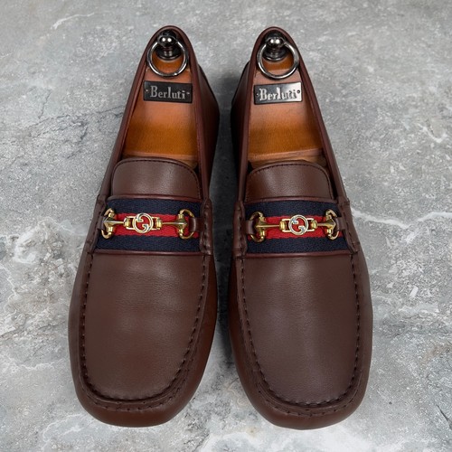 GUCCI Ayrton Web GG Horsebit Driving Moccasins Brown Leather 7 G 7.5 US 41 EUR - Picture 6 of 13