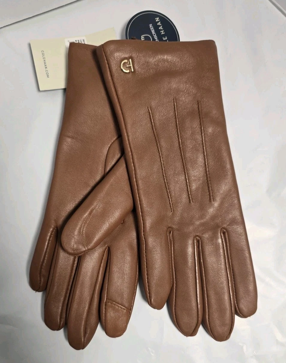Cole Haan New Women Leather Gloves M British Tan Brown Touch Screen Tip NWT
