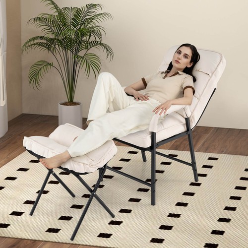 Modern Accent Chair w/ Ottoman Linen Fabric Arm Chair w/ Adjustable Backrest - Picture 5 of 10