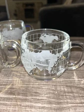 Set of 5 Vintage Nestle Co Inc Etched Glass World Globe Coffee Mugs WTC 1974