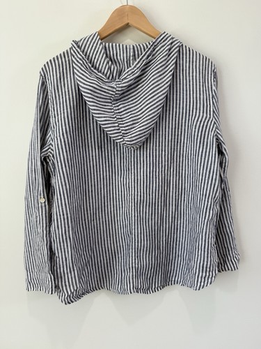 C&C Cali 100% Linen Blue Striped Popover Roll Tab Sleeve Hoodie Top Sz M Pockets - Picture 8 of 8