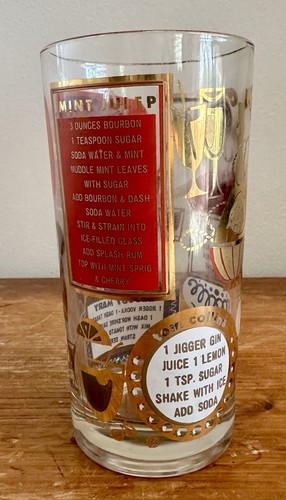 Vintage MCM Cocktail Ricetta Highball Vetro Oro Rosso Barware Culver Nocciola 5,5" - Foto 4 di 6