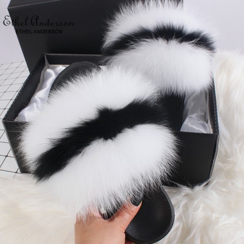 Women's Real Farm Fox Fur Slippers  Flops Furry Non-slip Summer Beach Shoes D8 - Picture 41 of 58