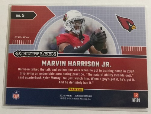 Panini Zenith Marvin Harrison Jr 2024 PRIMER LOOK RC. SSP. Arizona Cardinals +1 - Imagen 2 de 4
