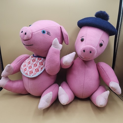 Vintage Französisches Schwein Plüsch Paar Handarbeit Stofftiere Paar 60er Jahre Volkskunst - Bild 14 von 16