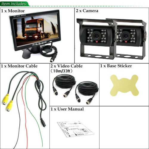 2 x Backup Camera + 7" TFT Monitor Car Rear View Kit For RV Bus Truck 12V/24V - Picture 7 of 9