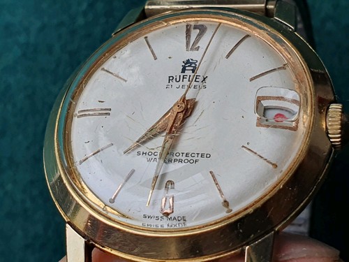Vintage RUFLEX Herrenuhr mechanisch weißes Ziffernblatt Goldgehäuse Datum 21 Jewels läuft - Bild 3 von 6