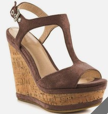 New Womens Wedge High Heel Platform Sandals Ankle Strap Party Suede Fabric Shoes