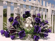 Angel Funeral Sympathy Flowers Purple Roses White Silver Centerpiece Table Decor