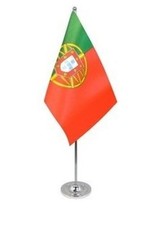 PORTUGAL DELUXE SATIN TABLE FLAG 9"X6" CHROME POLE & BASE Stands 15" PORTUGUESE