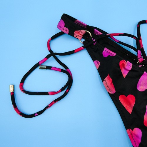 Victorias Secret Medium Black Hearts Thong Deep Cut Tie Bikini Bottom Swimwear - Picture 3 of 7