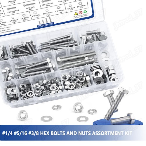 245pcs Hex Head Bolt and Nuts Flat & Lock Washers Assortment Kit Stainless Steel - Picture 2 of 10