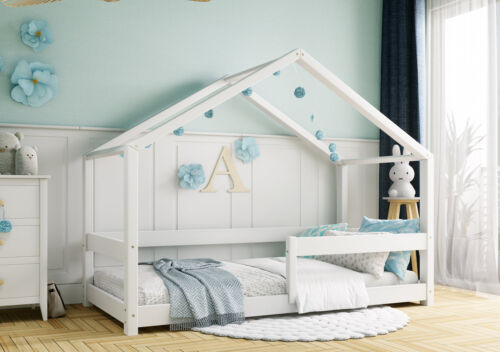 Hausbett Einzelbett Kinderbett mit Lattenrost Rausfallschutz Weiß Grau Holz HUGO - Bild 1 von 17