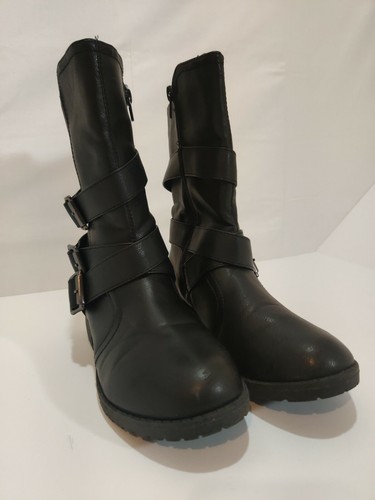 Womens Size 6 Christi Black Faux Leather w/Buckles Flat Boots Riding/Biker Shoes - Picture 2 of 10