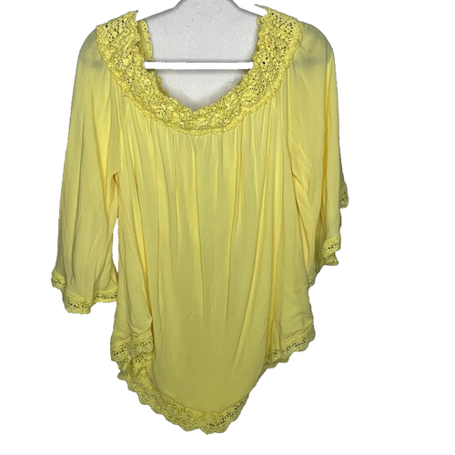 Zanzea Women's Yellow Lace Trim Round Neck 3/4 Sleeve Blouse Bell Hi-Low Large