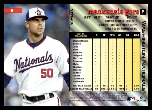 2022 Bowman Heritage #9 MacKenzie Gore Washington Nationals - Picture 2 of 2