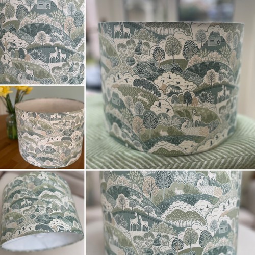 Country Wildlife Green Lampshade Woodland Scene Hills Fabric Animals Deer Rabbit - Picture 5 of 17