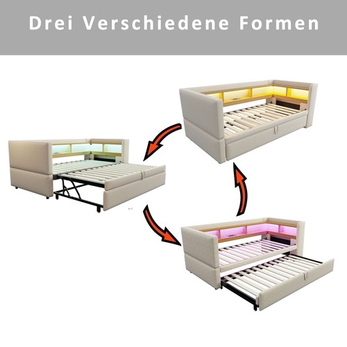Tagesbett ausziehbarer Schlafsofa 90/180x190cm mit LED Leuchten+USB Laden Beige - Bild 6 von 11