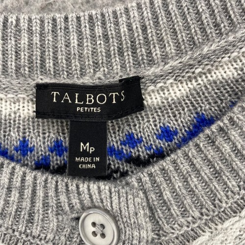 Talbots Sweater Women Medium Petite Gray Blue Fair Isle Lambswool Blend Cardigan - Picture 5 of 11