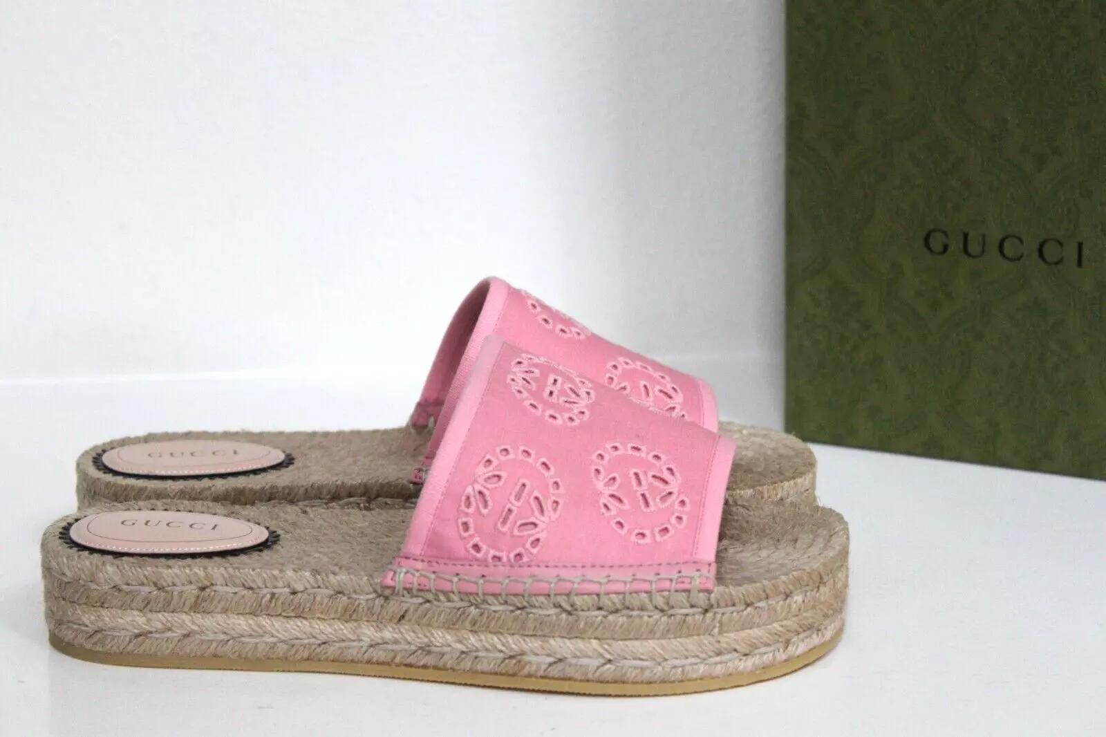 8/38 Gucci Damita rose logo GG espadrille plateforme coulissante sandales chaussures