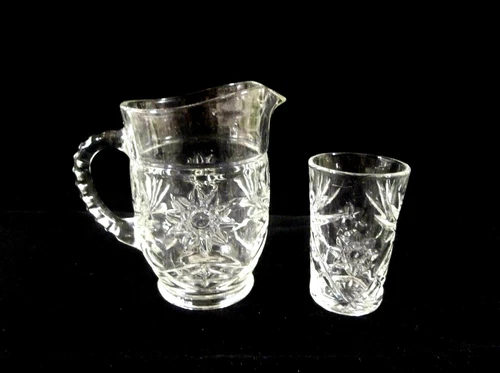 Vintage Anchor Hocking Star of David Clear Glass Pitcher and Juice Glass
