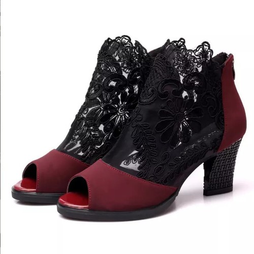Womens Breathable Lace Ankle Boots Peep Toe Mid Block Heels Sandals Roman Shoes - Picture 18 of 27