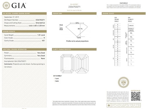 1.01 carat GIA certificate Emerald cut Diamond  H color VS1 clarity, loose - Picture 2 of 4
