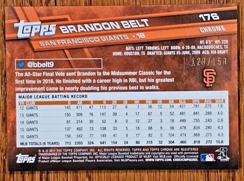 2017 Topps Chrome Blue Refractors #176 Brandon Belt /150 Giants - Picture 4 of 6